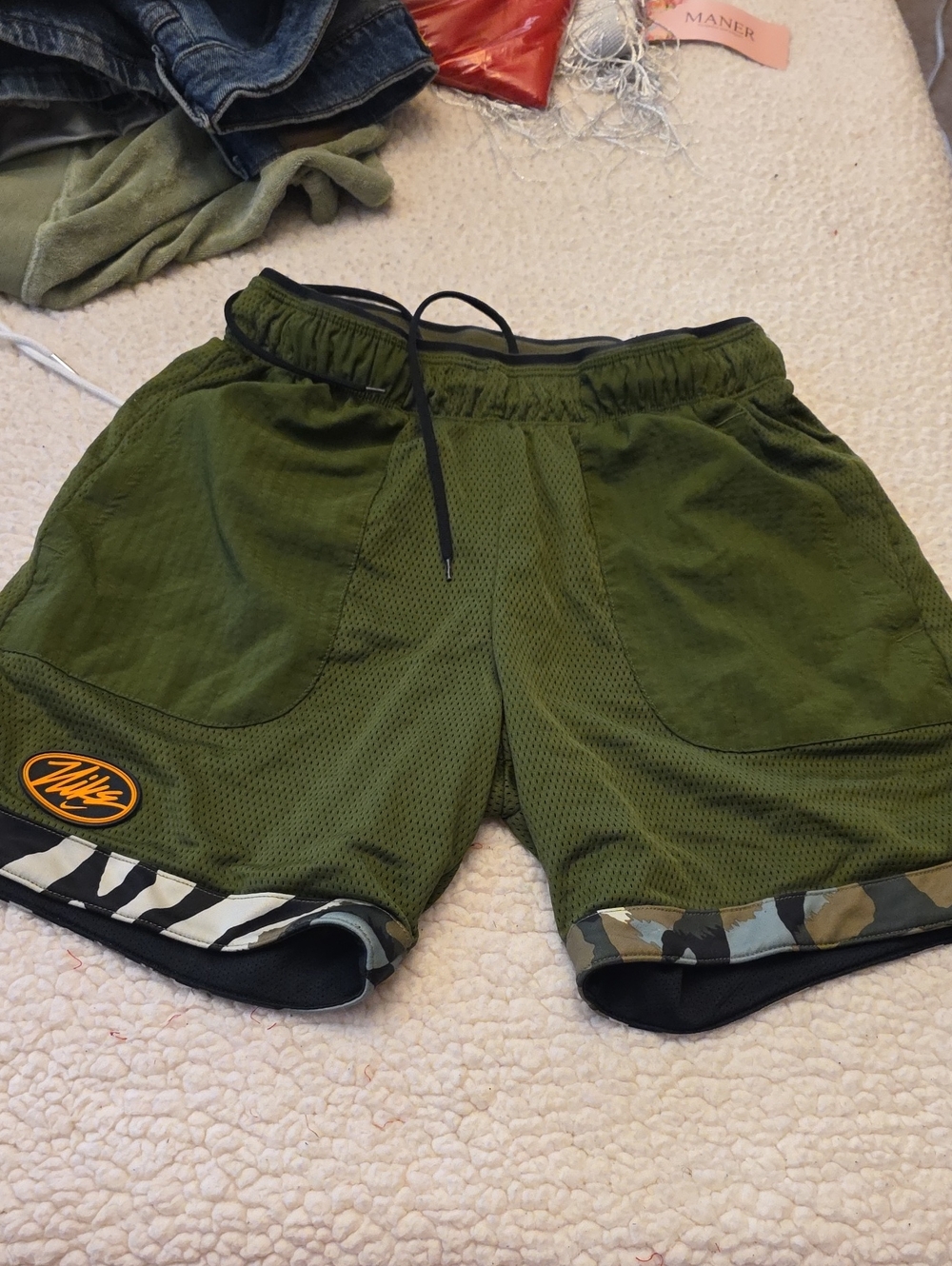 Nike Olive Green Athletic Mesh Shorts with Camo & Zebra Trim